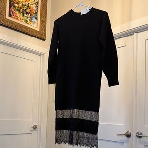 Chic Black Lace Trim Long Sleeve Dress